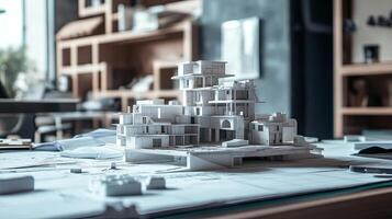 Architectural model of a modern building displayed on a table surrounded by blueprints and design materials, showcasing innovative design and creative process in a workspace photo