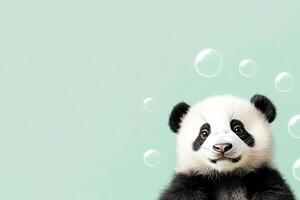 Adorable panda cub with playful expression surrounded by floating bubbles against a soft pastel background, evoking a sense of joy and innocence in a whimsical setting photo