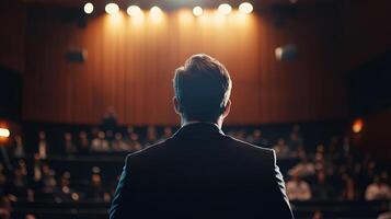 Businessman in formal suit stands confidently on stage addressing audience in a well-lit auditorium, showcasing public speaking skills and engaging with listeners during a presentation photo