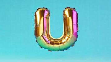 Golden balloon letter U, shiny and reflective, floating against a vibrant blue background, creating a playful and festive atmosphere for celebrations and events photo