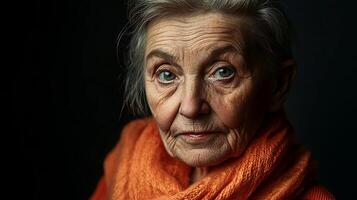 Elderly woman with gray hair and expressive eyes, wearing an orange scarf, gazes thoughtfully at the camera, capturing the essence of wisdom and life experience in a dramatic portrait photo