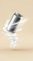 Silver aluminum can spinning in a swirling motion against a soft beige background, showcasing refreshing beverage concept with dynamic energy and visual appeal photo
