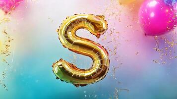 Golden letter S balloon floats against a colorful festive background with vibrant balloons and confetti, creating a joyful celebration atmosphere for special occasions photo