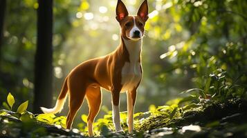 Basenji dog standing gracefully in a sunlit forest, surrounded by lush greenery and soft foliage, showcasing its elegant posture and vibrant coat in a serene natural setting photo