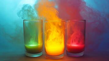 Colorful smoke swirling in three glasses filled with vibrant liquids, creating a mesmerizing visual effect against a soft gradient background, showcasing artistic beverage presentation photo