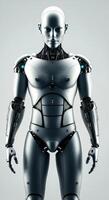 Futuristic humanoid robot with sleek metallic design, showcasing intricate mechanical details and advanced technology, standing against a minimalist background, representing innovation in robotics photo