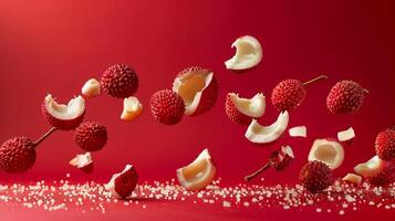 Vibrant lychee fruits are suspended in mid-air against a bold red background, showcasing their unique textures and colors, creating a dynamic and visually appealing composition photo