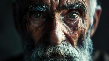 A striking close up of an elderly man face, showcasing deep wrinkles and expressive eyes photo