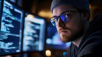 Male programmer with glasses and a beanie is focused on coding at a computer workstation, illuminated by multiple screens displaying complex data and programming languages photo