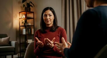 Engaged woman in a red sweater is actively listening and communicating during a conversation in a cozy, well-lit living room setting, showcasing emotional connection and dialogue photo