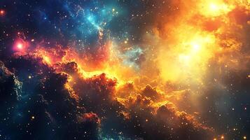Vibrant cosmic nebula with swirling clouds of gas and dust illuminated by bright stars, creating a stunning celestial scene filled with color and depth photo