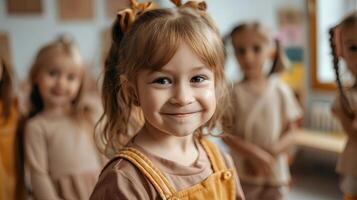 Young girl with brown hair and a bright smile is standing in a classroom surrounded by classmates, showcasing joy and friendship in a vibrant learning environment photo