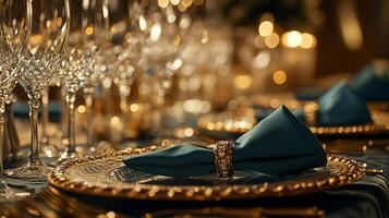 Elegant dining table set with golden plates, crystal glasses, and blue napkins, creating a luxurious atmosphere for a special occasion or celebration event photo