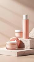 Skincare products displayed on geometric blocks with soft shadows, featuring pink containers and a minimalist aesthetic, ideal for beauty and wellness branding mock up photo