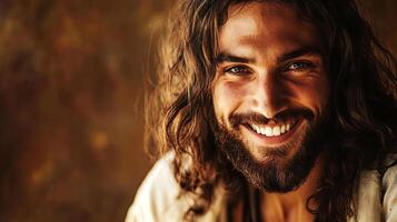 Smiling man with long dark hair and beard, wearing a light shirt, poses against a textured brown background, radiating warmth and positivity in a relaxed atmosphere photo