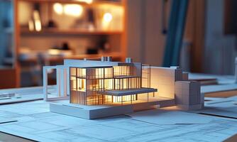 Architectural model of a modern building design illuminated from within, placed on blueprints in a well-lit workspace, showcasing innovative structure and creative process photo