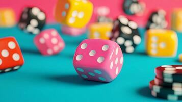 Colorful dice in various shapes and sizes are scattered across a vibrant blue surface, creating a playful atmosphere of chance and excitement in a gaming environment photo