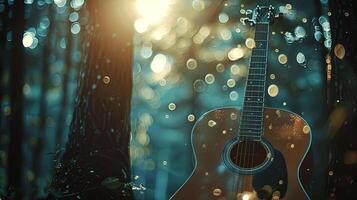 . Acoustic guitar resting against a tree in a serene forest, illuminated by soft sunlight filtering through leaves, creating a tranquil and artistic atmosphere photo