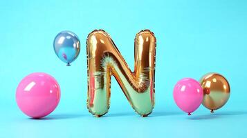 Golden letter N balloon surrounded by colorful round balloons on a vibrant blue background, creating a festive atmosphere for celebrations and events photo