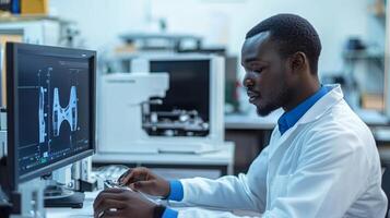 African American man in a lab coat is analyzing data on a computer screen in a modern laboratory, showcasing scientific research and technological innovation photo