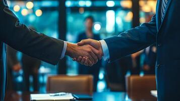 Two business professionals engaged in handshake, symbolizing partnership and collaboration, in a modern office setting with blurred figures in the background, conveying a sense of unity and agreement photo