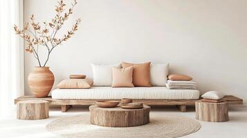 Cozy living room featuring a minimalist wooden sofa adorned with soft pillows, a round coffee table, and a decorative vase with dried branches, creating a serene atmosphere photo