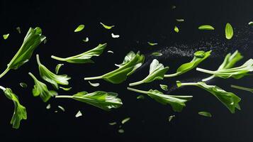 Fresh green leaves of arugula are floating in mid-air against a dark background, showcasing their vibrant color and delicate structure in a dynamic composition photo