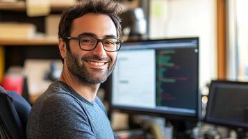 A man in glasses sitting at a desk in front of two computer monitors photo