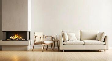 Modern living room featuring a cozy beige sofa, stylish wooden chair, and a contemporary fireplace, creating a warm and inviting atmosphere for relaxation and comfort photo