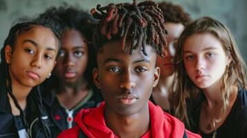 A powerful portrait capturing youth and diversity, showcasing expressions of thoughtfulness and intensity photo