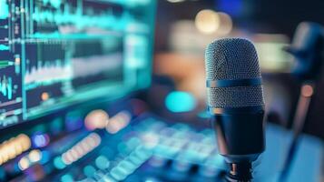 Microphone positioned prominently in a modern recording studio, with sound mixing equipment and colorful audio waveforms displayed on the screen, capturing the essence of audio production photo