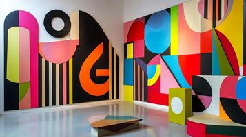 Vibrant abstract art installation featuring bold geometric shapes and colors, creating a dynamic visual experience in a contemporary gallery space with modern design elements photo