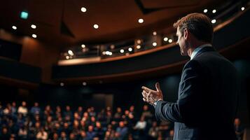 Business professional delivering a presentation on stage in a modern auditorium, engaging attentive audience with dynamic gestures and confident expression, showcasing effective public speaking skills photo