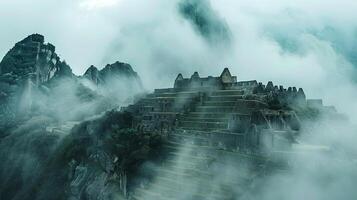 Ancient stone ruins of a historic civilization are partially shrouded in mist, surrounded by towering mountains and lush greenery, creating an ethereal atmosphere of mystery and wonder photo