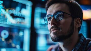 Male analyst with glasses is focused on data analysis, surrounded by multiple screens displaying graphs and charts, illustrating the importance of technology in modern business environments photo