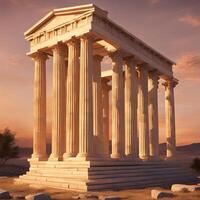 Ancient Greek temple structure with tall columns, intricate details, and a stunning sunset backdrop, showcasing classical architecture and historical significance in a serene landscape photo