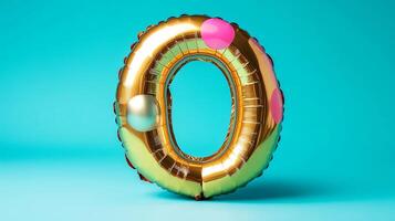 Gold foil balloon shaped like the number zero, adorned with colorful polka dots, set against a vibrant turquoise background, creating a festive and celebratory atmosphere photo