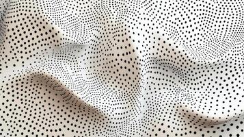 Textured fabric with intricate black dot patterns, showcasing soft folds and creases, creating a visually appealing surface ideal for design and textile applications photo