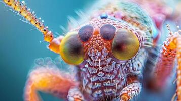 Close-up of a colorful insect showcasing intricate details, vibrant textures, and striking features, highlighting the beauty of nature and the complexity of its tiny creatures photo