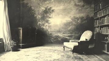 Vintage interior scene featuring an elegant armchair beside a decorative plant, with a scenic mural backdrop and a bookshelf filled with books, creating a nostalgic atmosphere photo