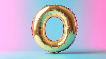 Golden foil balloon shaped like the number zero, floating against a vibrant pink and blue gradient background, perfect for celebrations and special occasions photo