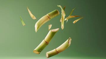 Bamboo stalks are dynamically suspended in mid-air, showcasing their vibrant green color and natural texture against a soft, blurred green background, creating a sense of movement and vitality photo