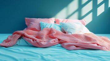 Cozy bed with soft pastel pillows and a textured blanket, illuminated by natural light, creating a warm and inviting atmosphere in a serene bedroom setting photo