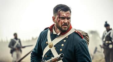 Male soldier in historical military uniform stands in battlefield, showing determination and resilience, with blurred figures of fellow soldiers in the background, evoking a sense of bravery photo