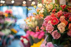 Colorful bouquet of fresh flowers featuring roses, orchids, and daisies arranged beautifully in a floral shop, creating a vibrant and inviting atmosphere for customers photo