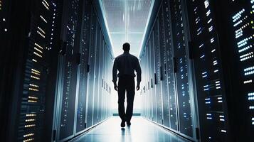 Silhouette of a male technician walking through a modern data center, surrounded by rows of illuminated server racks, showcasing advanced technology and digital infrastructure photo