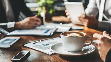 Coffee cup with latte art sits on a wooden table surrounded by business documents, smartphones, and tablets, creating a productive workspace atmosphere for collaboration photo