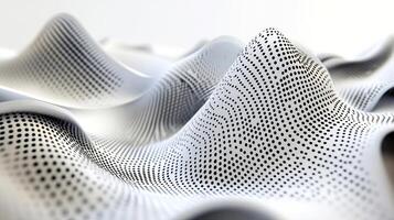 Abstract 3D illustration of textured waves with black dots on a white surface, creating a dynamic visual effect, representing modern design and digital art concepts photo