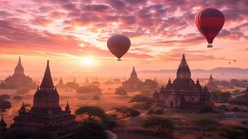 Hot air balloons float above ancient temples at sunrise, casting shadows on the landscape, with vibrant colors illuminating the sky and creating a serene atmosphere photo