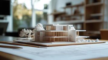 Architectural model of a modern house displayed on a wooden table, surrounded by blueprints and design materials, showcasing innovative design and craftsmanship in a creative workspace photo